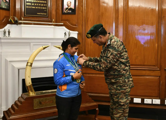 General Dhiraj Seth Honors Naib Subedar Neeru Dhanda for Historic Trap Shooting Gold at ISSF World Cup