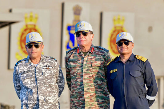 Tri-Service Chiefs Review Multi-Domain Operations on INS Vikrant During Exercise 2025