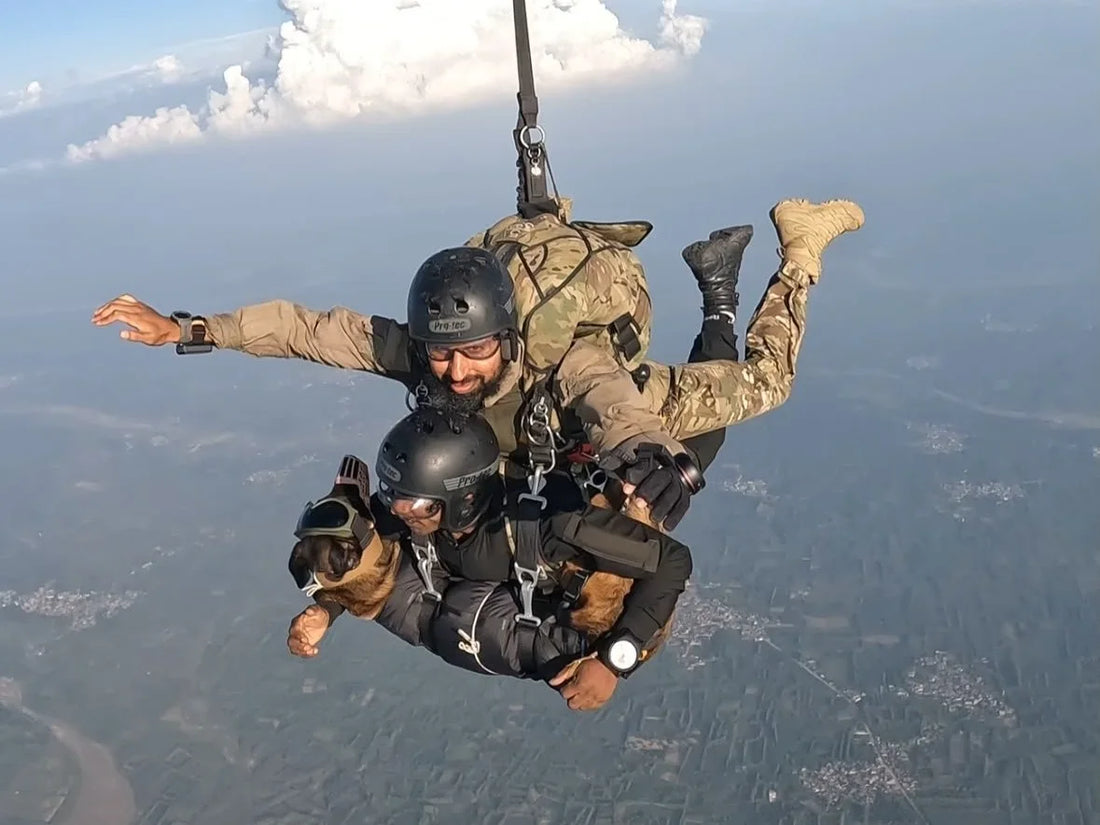 Indian Army Combat Dog, Handler and Paratrooper Complete Tandem Parachute Jump Over Behat Zone