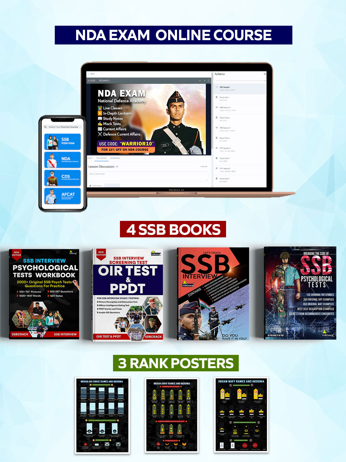 NDA Exam Online Coaching + 4 SSB Books + 3 Rank Posters + 1 Year Access