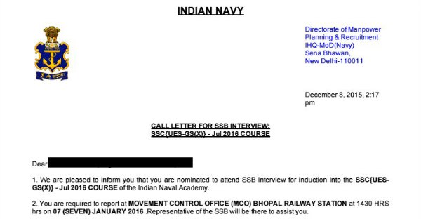 Indian Navy UES Call Letter 2016